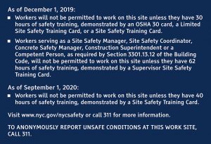 Blue Site Safety Training sign for NYC construction site, DOB compliant with bold white lettering and durable material.