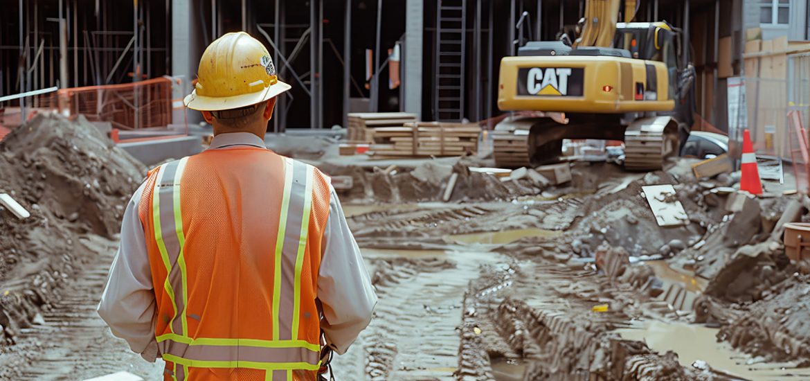 Construction worker wearing a hard hat and safety vest standing on an active job site with excavator and construction equipment in the background.