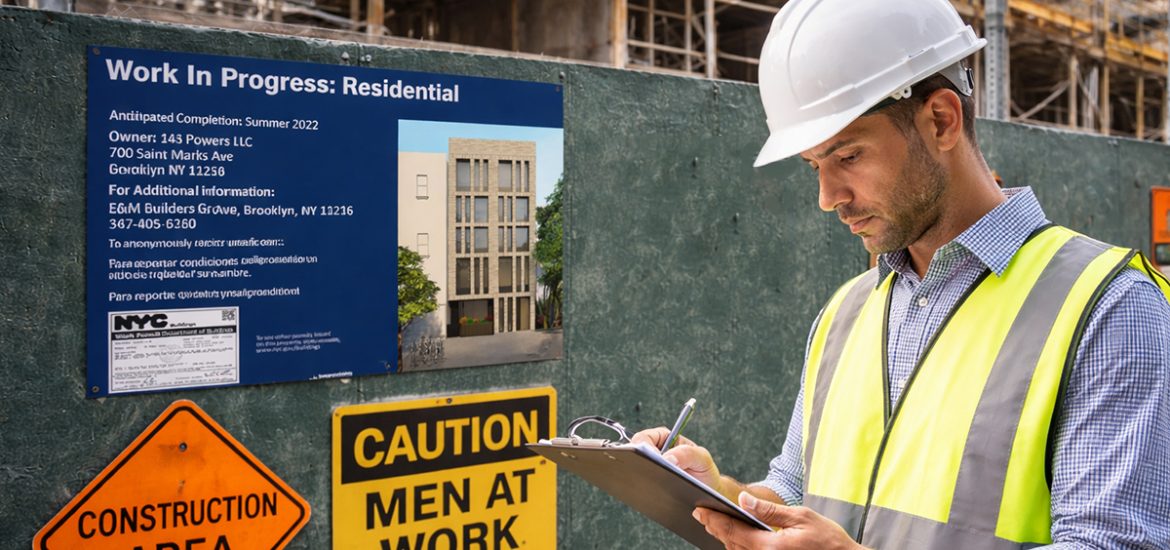 Construction manager reviewing compliance paperwork next to NYC Work In Progress sign and construction safety signage on a job site fence.