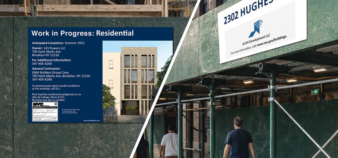 NYC Work In Progress (WIP) sign and construction project identification sign installed on a green construction fence and sidewalk shed at an active New York City job site.