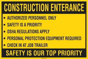OSHA-style Construction entrance rules sign for jobsite safety and hazard awareness