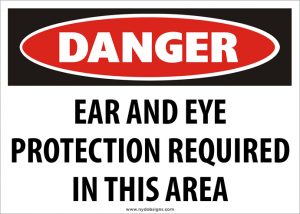 OSHA-style Caution eye and ear protection required sign for jobsite safety and hazard awareness
