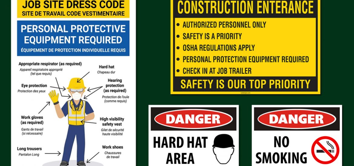 Common construction safety signs including PPE required, construction entrance, hard hat area, and no smoking signs used on job sites