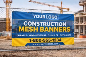 construction mesh banner installed on chain link fence at job site with reinforced hems and grommets every 2 feet