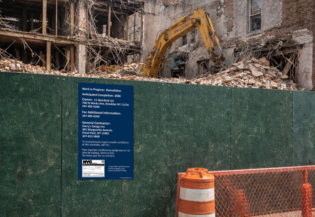 Example demolition warning sign posted on a NYC construction fence during building demolition work.