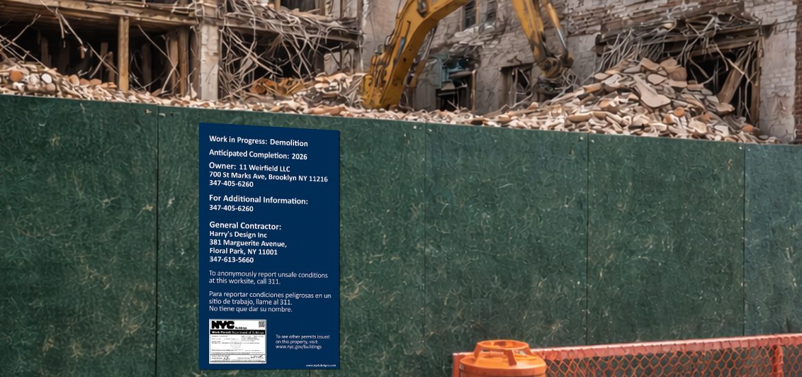 Example demolition warning sign posted on a NYC construction fence during building demolition work.