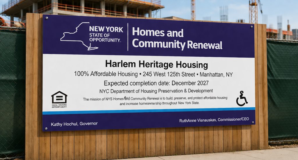 HCR project sign installed on construction site fence for affordable housing development in NYC