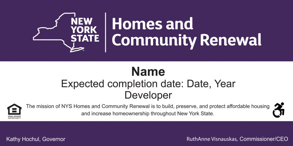 HCR project sign template for affordable housing development in NYC