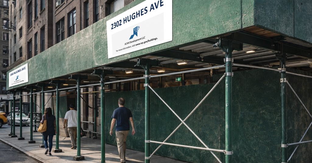 Mockup of a NYC sidewalk shed scaffolding structure with safety signage posted on the green plywood barrier, typical for construction sites requiring pedestrian protection.