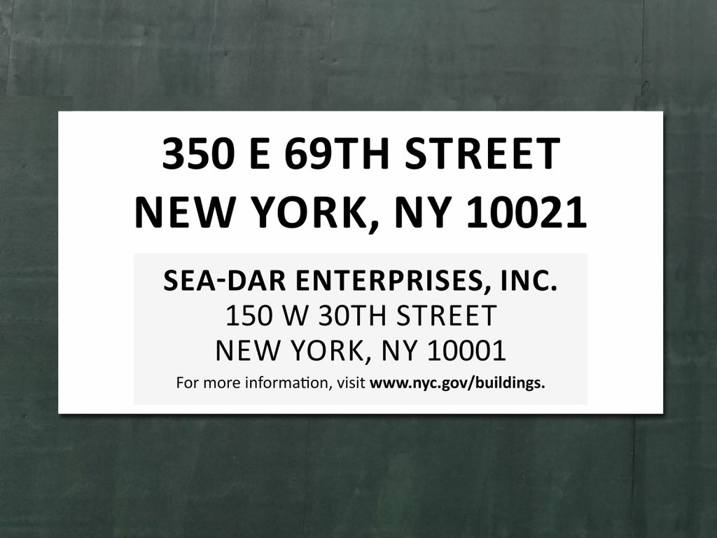 NYC sidewalk shed sign required by DOB for scaffolding and pedestrian protection structures