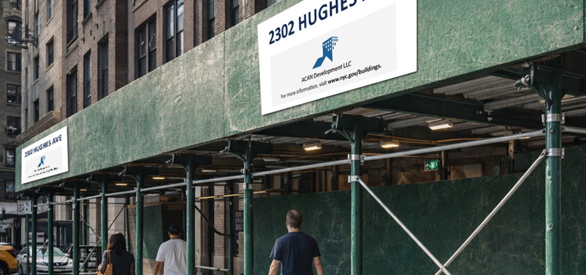 Mockup of a NYC sidewalk shed scaffolding structure with safety signage posted on the green plywood barrier, typical for construction sites requiring pedestrian protection.