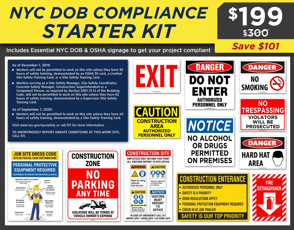 NYC DOB Compliance Starter Kit including OSHA and construction safety signs for small residential job sites