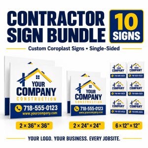 Ten custom coroplast contractor signs: two 36×36, two 24×24, and six 12×12 inches, with sample company branding